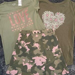 Girl’s XL Olive Green and Pink Camo Matching Skirt and Tops Set